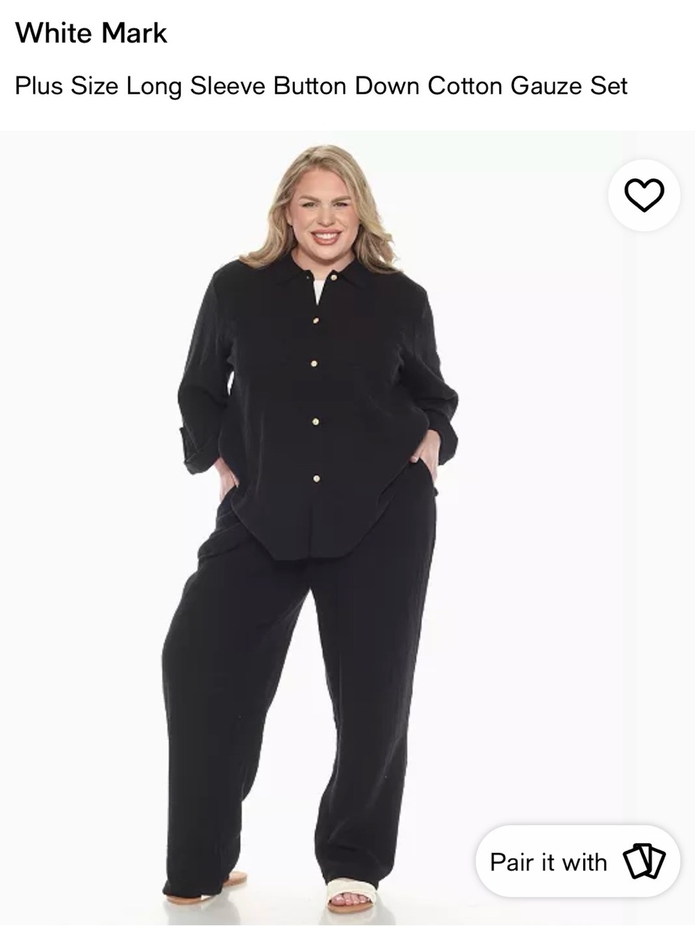 White Mark Plus Size Long Sleeve Button Down Cotton Gauze Set